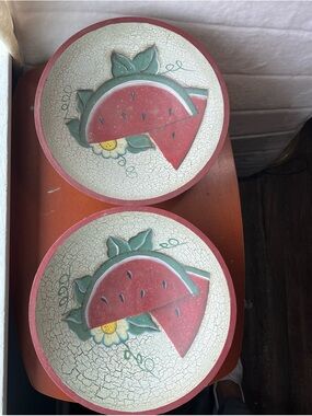 2 Wooden Crackled Watermelon Fruit Farmhouse Rustic Chic Bowls Summertime